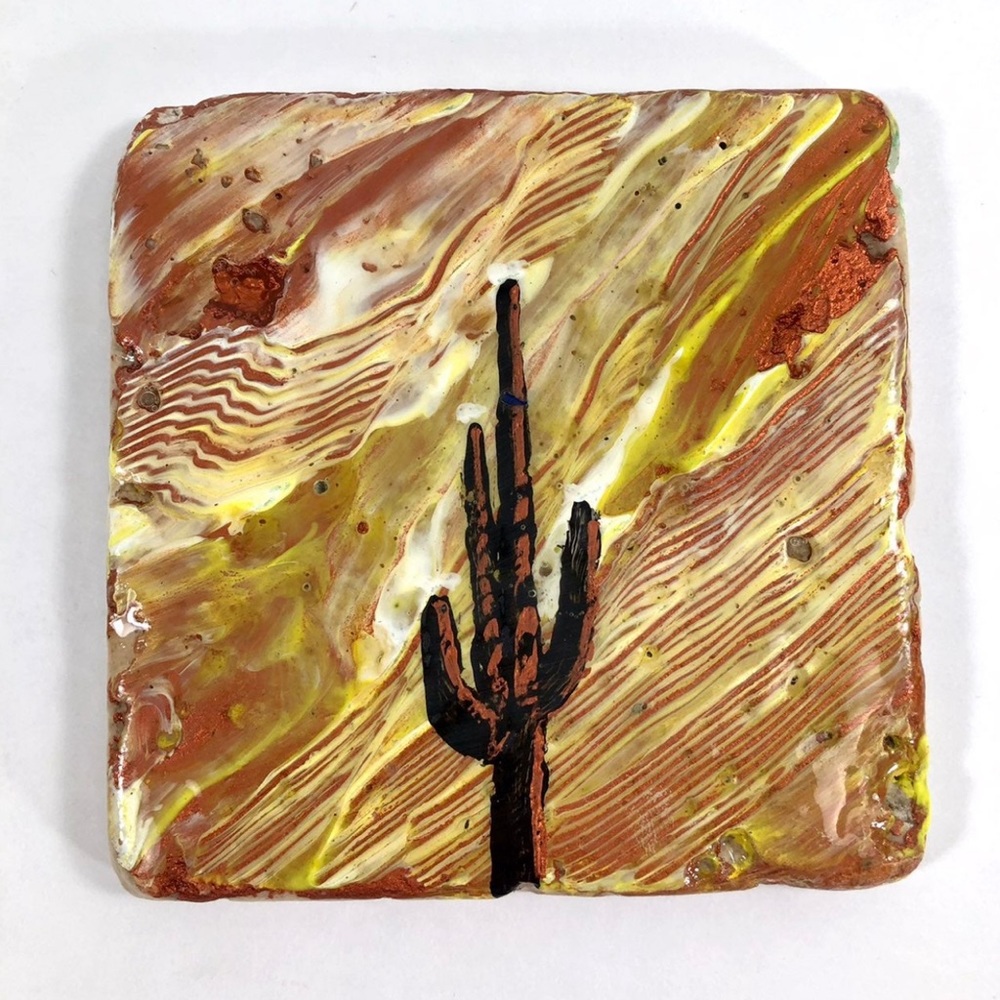 Natural Stone Tile 4”x 4” Hand Painted Copper Cactus!
